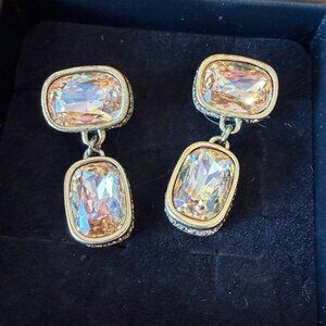 NIB Heidi Daus Champagne "Double Play" Crystal Drop Earrings - Pierced